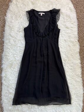 Jenny Han Y2K 100% silk chiffon black midi dress ruffle v neck sleeveless medium